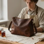 An adult seated at a wooden work table in soft daylight, with a leather bag, belt and small glass jars arranged in front of them.
