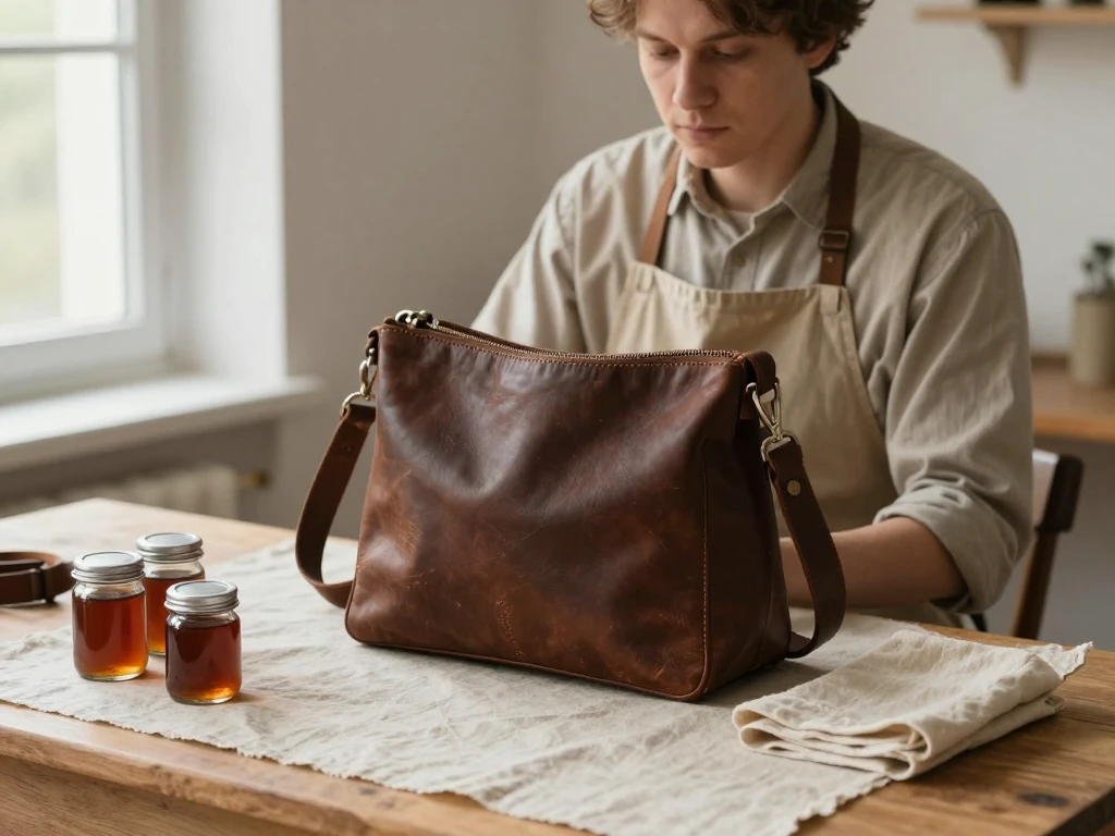 An adult seated at a wooden work table in soft daylight, with a leather bag, belt and small glass jars arranged in front of them.