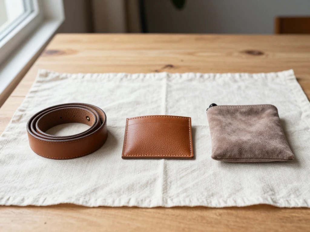Three small leather goods with different textures arranged in a row on a linen-covered table.