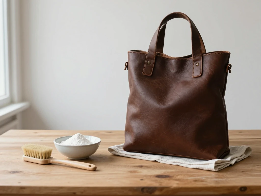 A dark brown leather tote bag on a wooden worktop beside a small ceramic bowl of white powder and a soft brush, with a folded linen cloth beneath the bag.