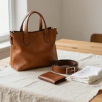 A tan leather handbag, a coiled brown leather belt and a slim wallet arranged on an unprinted cream linen cloth beside a folded white cotton cloth, photographed in soft daylight.