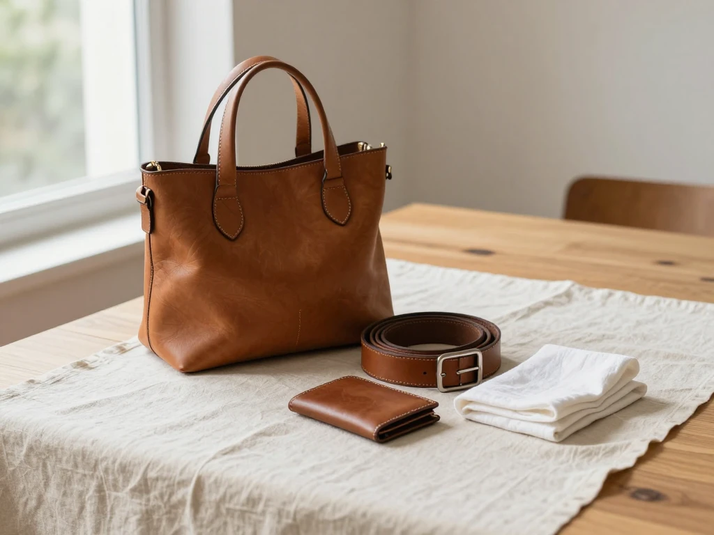 A tan leather handbag, a coiled brown leather belt and a slim wallet arranged on an unprinted cream linen cloth beside a folded white cotton cloth, photographed in soft daylight.