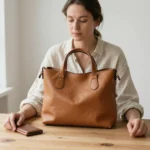 A woman in a linen shirt sits at a wooden table in soft daylight, looking at an open tan leather tote bag with a wallet and belt nearby.