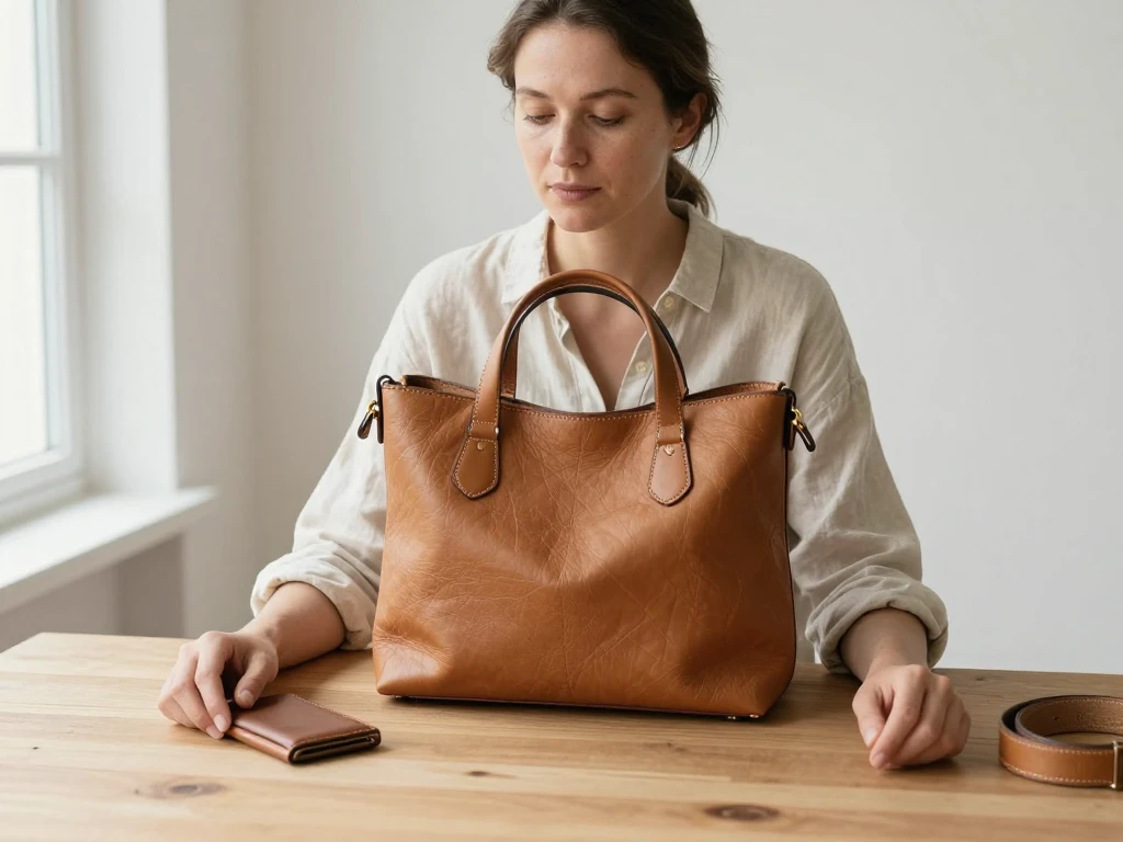 A woman in a linen shirt sits at a wooden table in soft daylight, looking at an open tan leather tote bag with a wallet and belt nearby.
