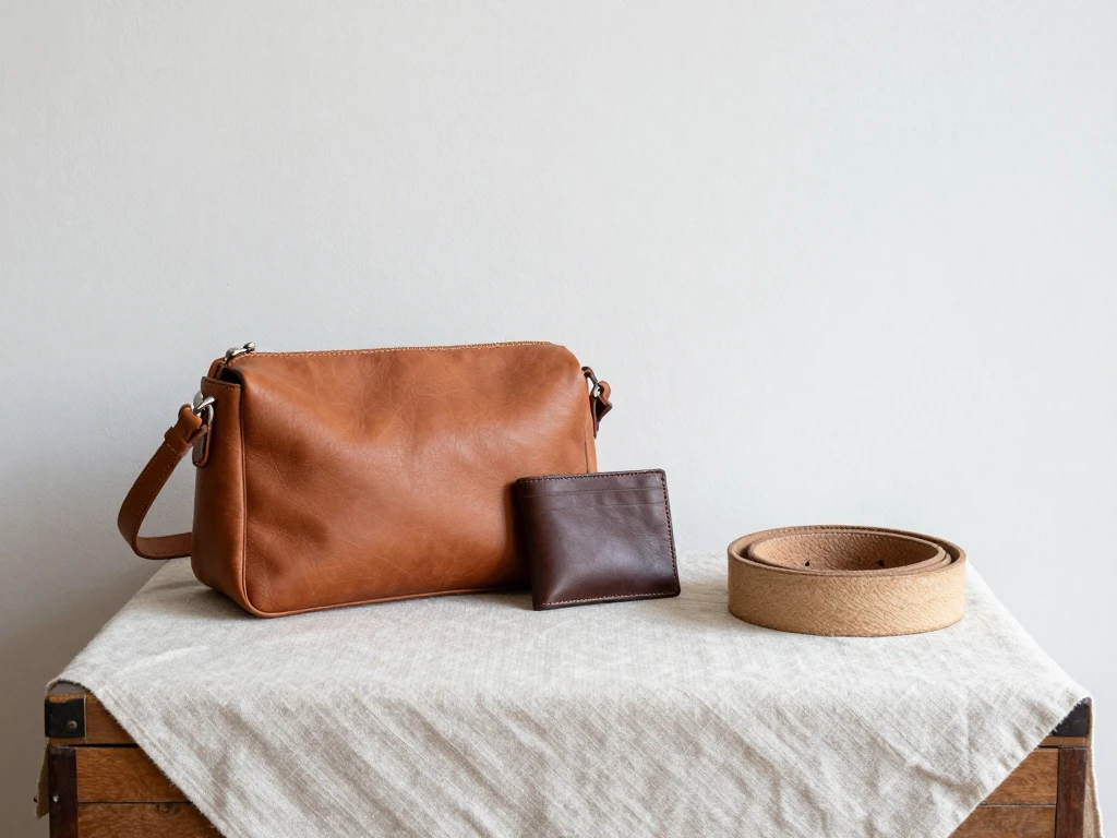 Three unbranded leather pieces in different tones — a satchel, a card wallet and a belt — resting on a linen cloth over a wooden chest in soft daylight.