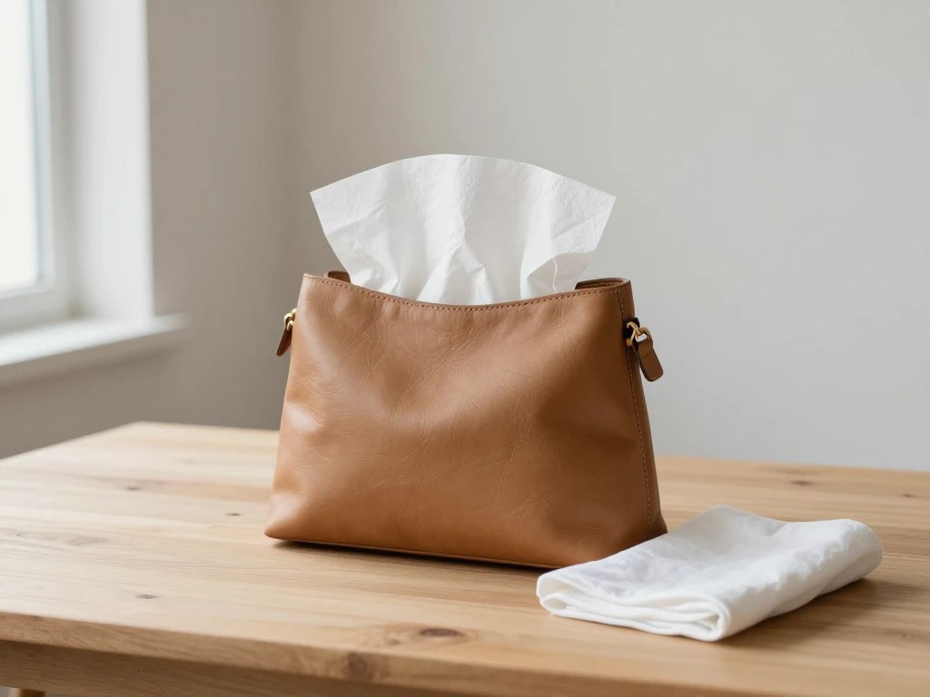 A plain tan leather handbag standing upright next to folded white cotton cloths and tissue paper in soft indoor light.