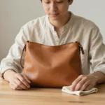 An adult gently dusting a plain tan leather handbag with a soft cloth at a wooden table in soft daylight.