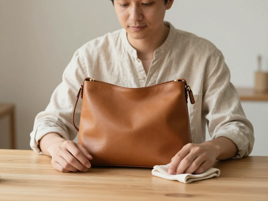 An adult gently dusting a plain tan leather handbag with a soft cloth at a wooden table in soft daylight.