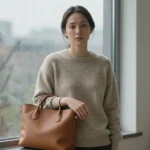 A woman stands by a rain-speckled window holding a plain leather bag in soft daylight.