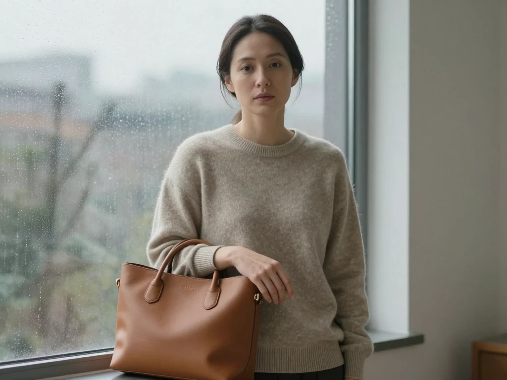 A woman stands by a rain-speckled window holding a plain leather bag in soft daylight.