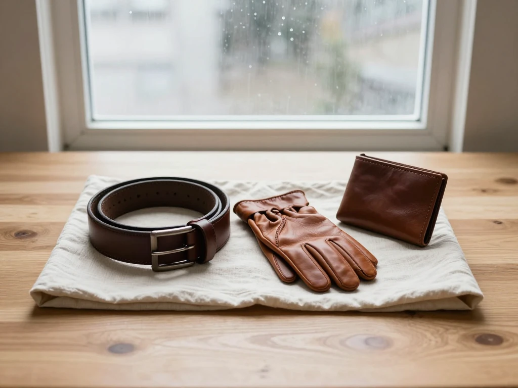 Plain leather accessories rest on unprinted linen near a window with rain outside.