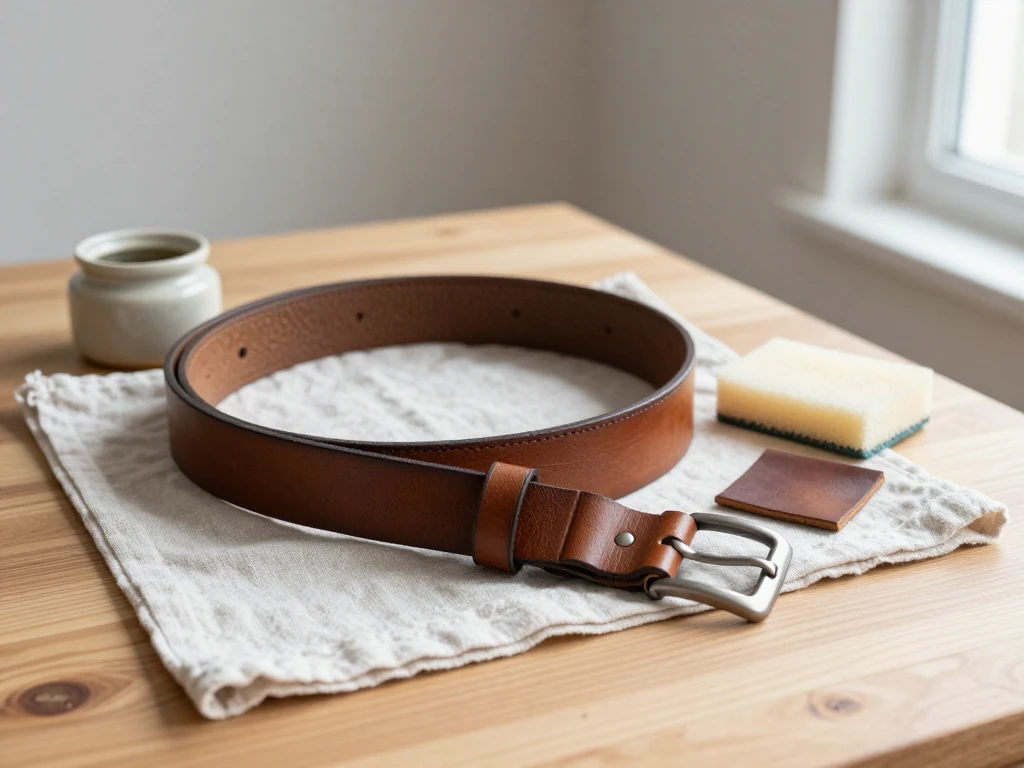 Folded brown leather belt with unlabeled balm pot, sponge and plain cloth on a table.