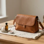 Tan leather bag with unlabeled repair supplies on a wooden table in soft daylight.