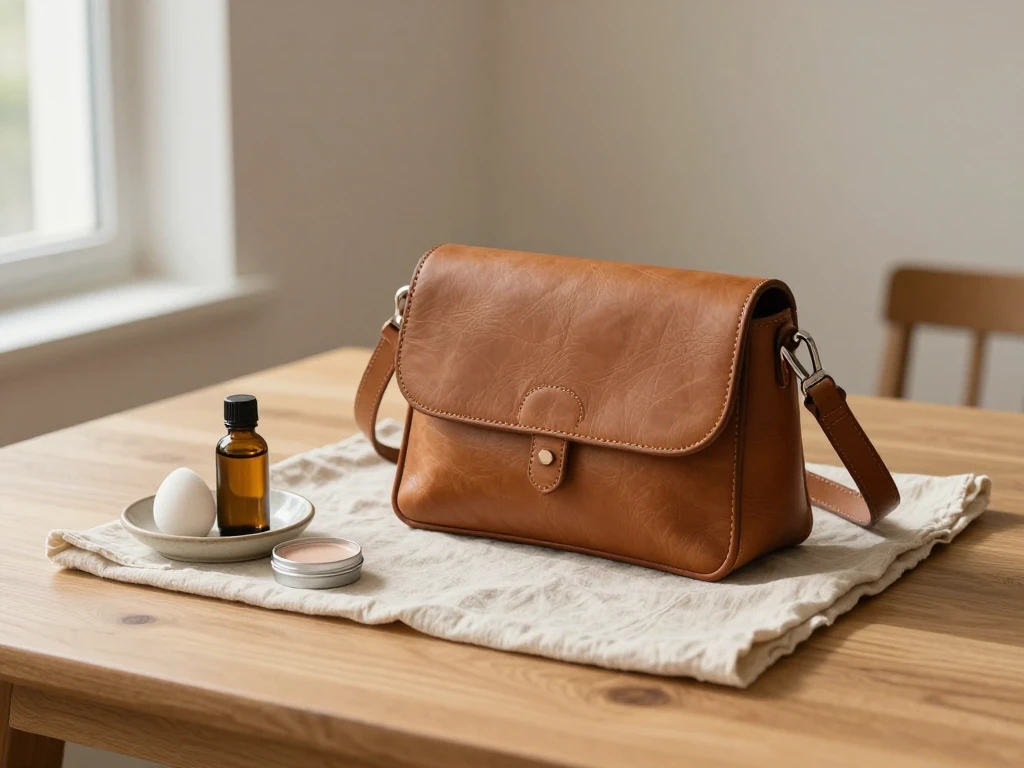 Tan leather bag with unlabeled repair supplies on a wooden table in soft daylight.